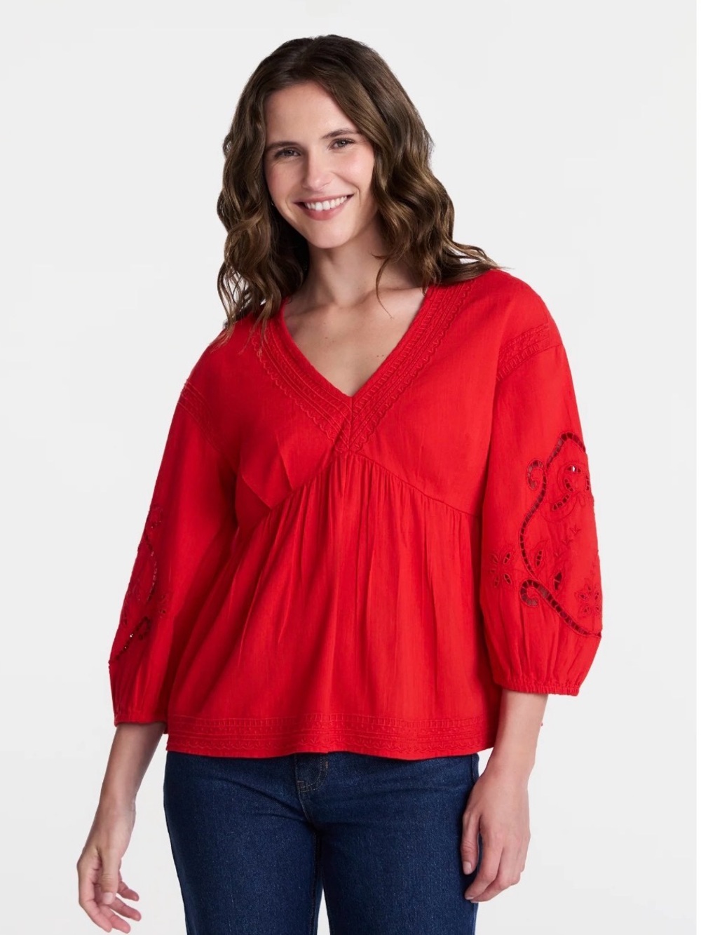 Time and Tru Women's Long Sleeve Poet Sleeve Broderie Anglaise Top, L